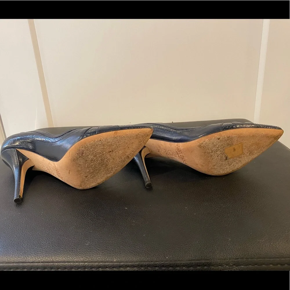 Jimmy Choo Textured Leather Dark Blue Heels - Picture 13 of 15